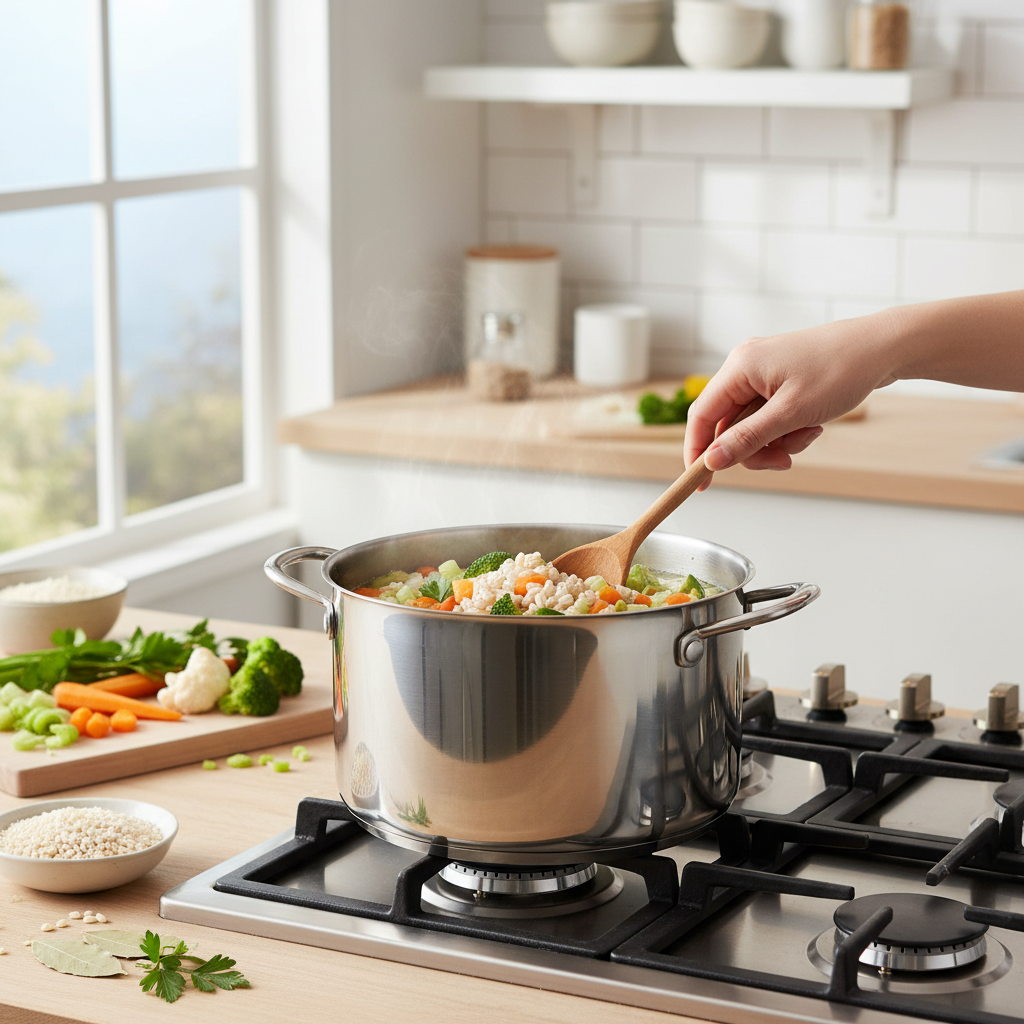 Perlinių kruopų sriubos gaminimo etapai puode virtuvėje