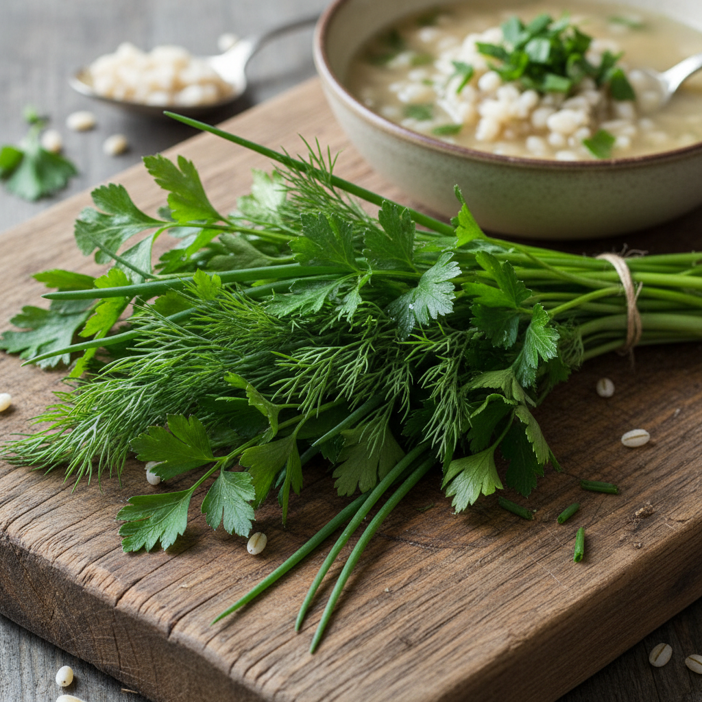 Šviežios miško žolės ir žalumynai sriubai