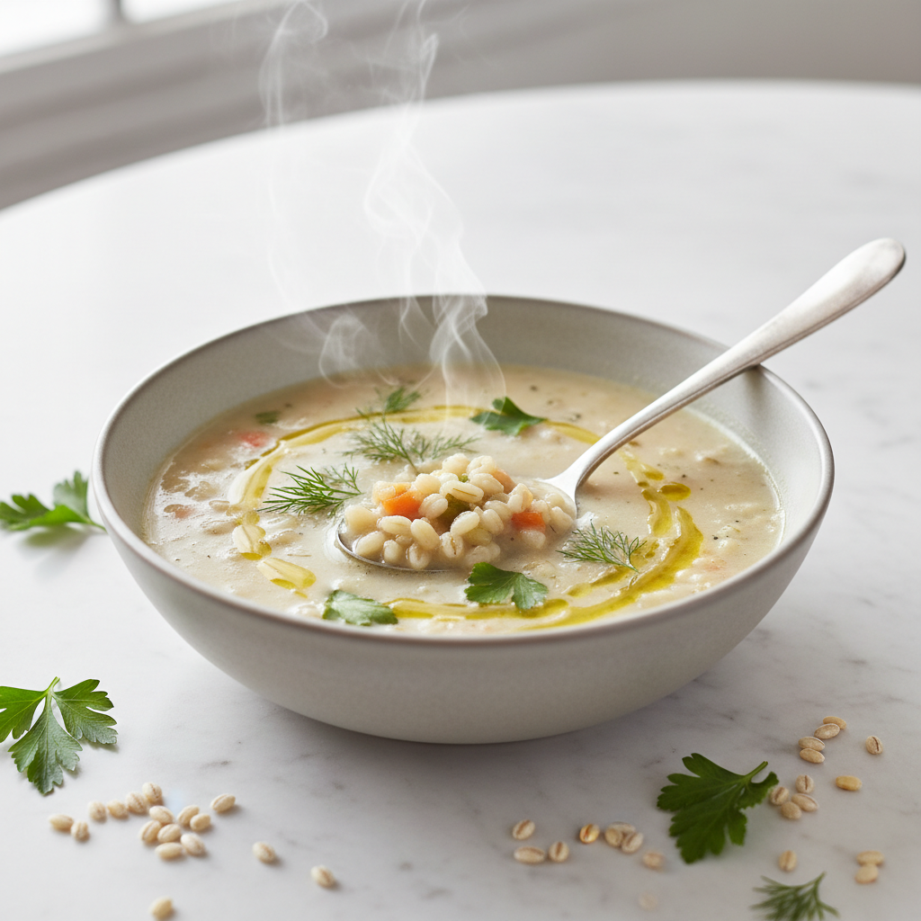 Perlinių kruopų sriuba patiekta dubenėlyje su šaukštu