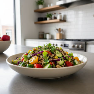 Kruopų salotos su daržovėmis ir kanapių aliejumi - pagrindinis vaizdas