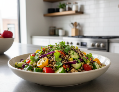 Kruopų salotos su daržovėmis ir kanapių aliejumi - pagrindinis vaizdas