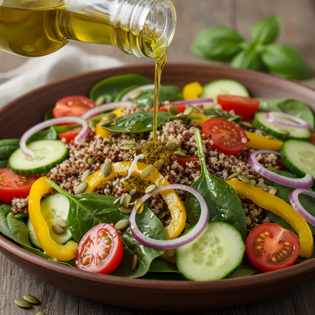 Kanapių aliejaus pylimas į salotas