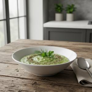 Žirnių košė su kmynais stalelyje rustiškoje aplinkoje