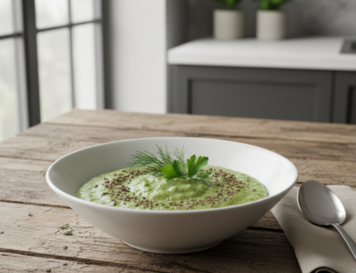 Žirnių košė su kmynais stalelyje rustiškoje aplinkoje