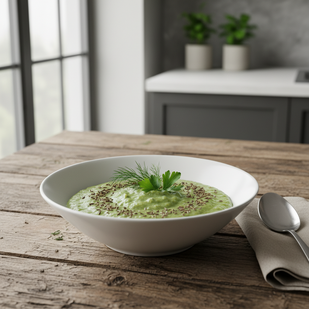 Žirnių košė su kmynais stalelyje rustiškoje aplinkoje