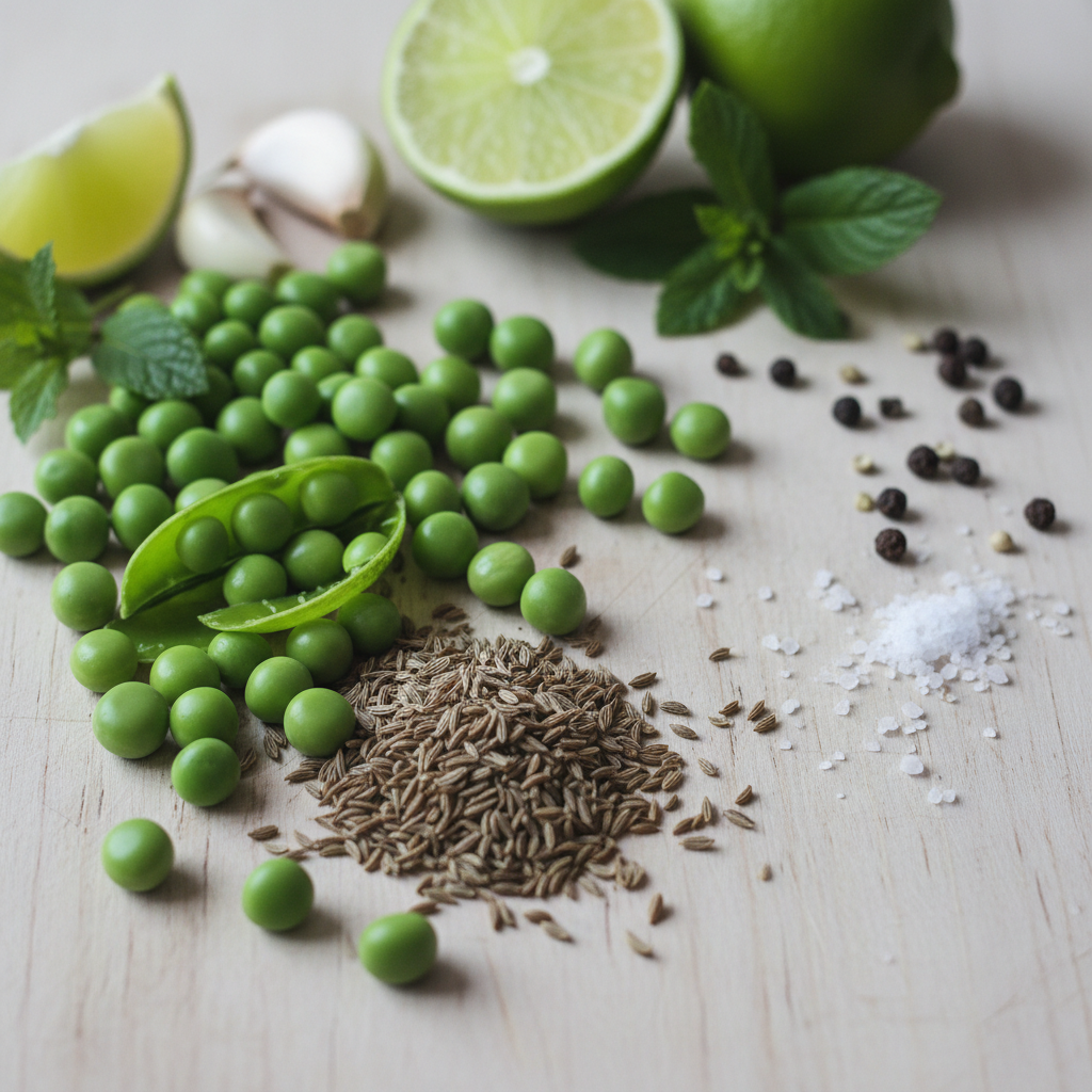 Švieži žirniai ir kmynai ant medinio paviršiaus