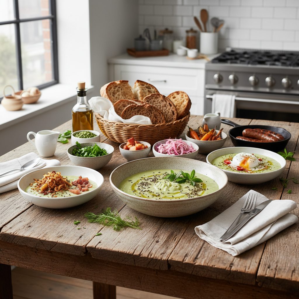 Žirnių košės pateikimo idėjos su kmynais ant stalo