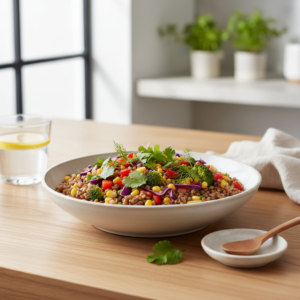 Ruginės kruopos su daržovėmis lėkštėje ant stalo