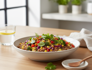 Ruginės kruopos su daržovėmis lėkštėje ant stalo