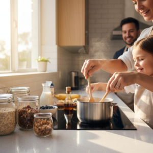 Tėvas ruošia skanią kruopą vaikui virtuvėje