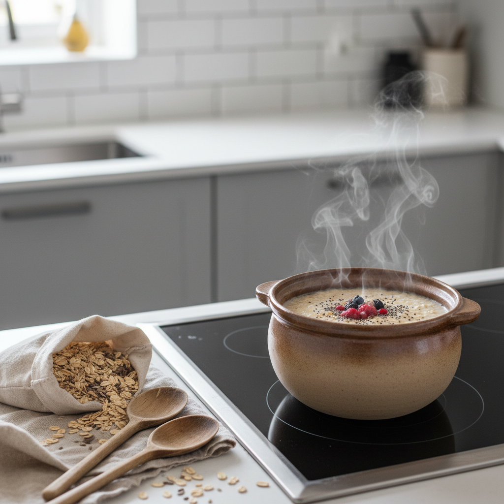 Keraminis puodas su garuojančiomis kruopomis ant viryklės
