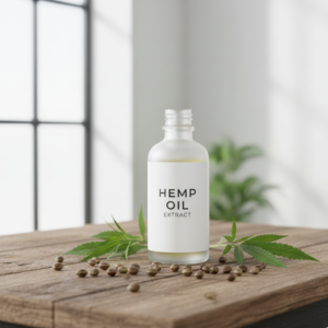 Kanapių aliejus su šviežiomis kanapių sėklomis ant medinio stalo