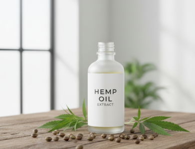 Kanapių aliejus su šviežiomis kanapių sėklomis ant medinio stalo