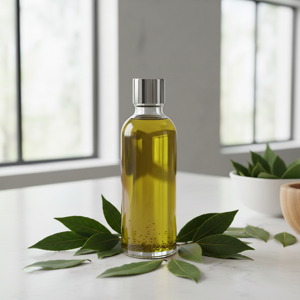 Stiklinė su kanapių aliejumi ir žalios laurų lapai ant virtuvės stalviršio