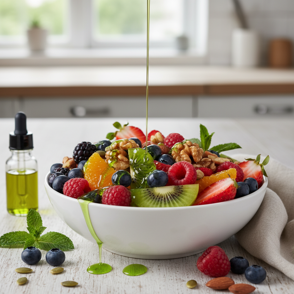 Sveikas desertas su kanapių aliejumi, vaisiais ir riešutais