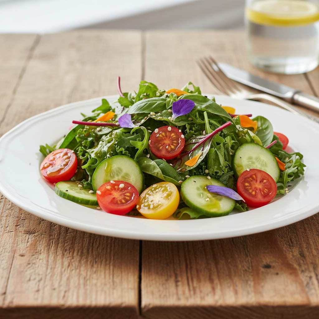 Šviežios salotos su kanapių aliejumi ir daržovėmis