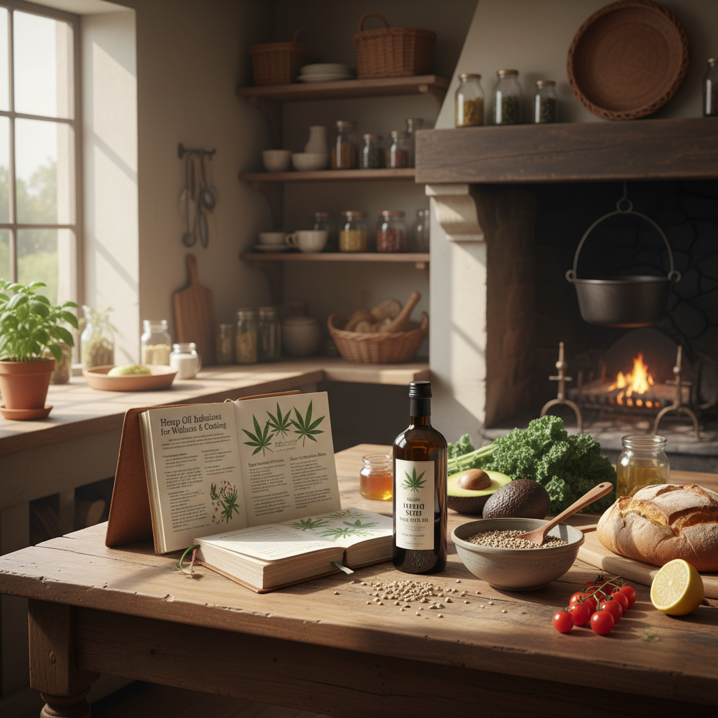 Kanapių aliejaus receptų knyga ir ingredientai virtuvėje