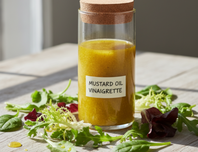 Sveikas salotų padažas su garstyčių aliejumi stilingame indelyje