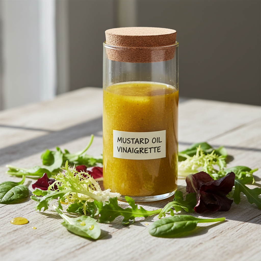 Sveikas salotų padažas su garstyčių aliejumi stilingame indelyje