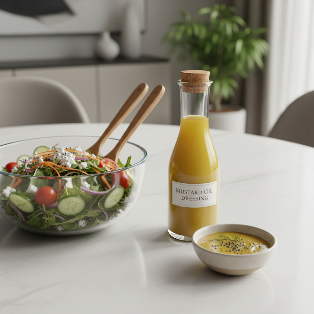 Salotų padažo su garstyčių aliejumi pateikimas ant stalo