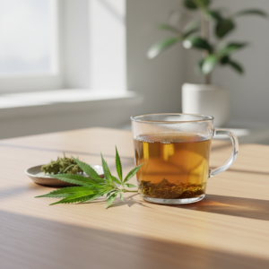 Kanapių arbatos puodelis ant medinio stalo su šviežiomis kanapių lapeliais