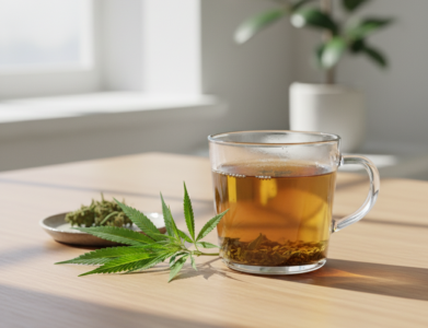 Kanapių arbatos puodelis ant medinio stalo su šviežiomis kanapių lapeliais