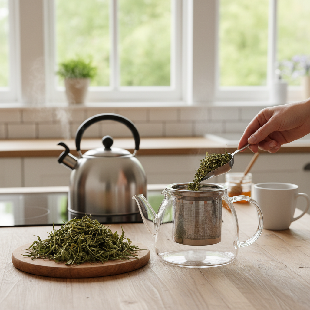 Kanapių arbatos paruošimo procesas stiklinėje arbatinuke