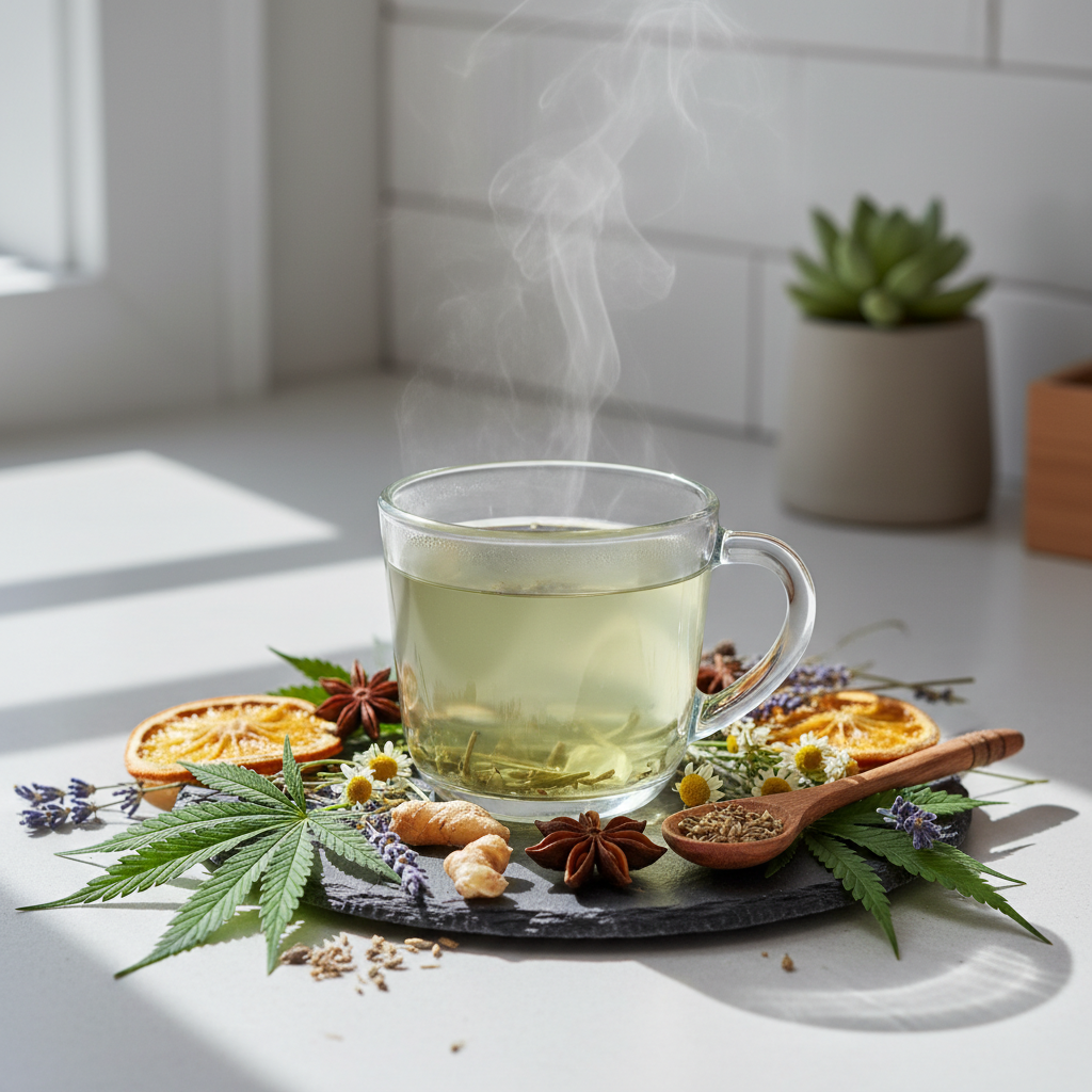 Kanapių arbatos puodelis su žalios spalvos kanapių lapais sveikatai