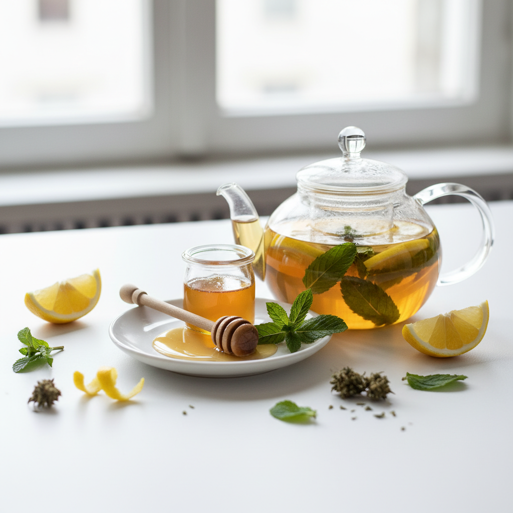 Kanapių arbatos skonių deriniai su citrina, medumi ir mėtomis