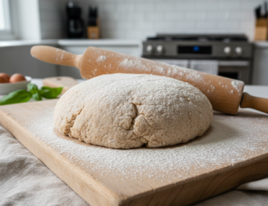 Pilno grūdo makaronų tešla ant medinio paviršiaus namų virtuvėje