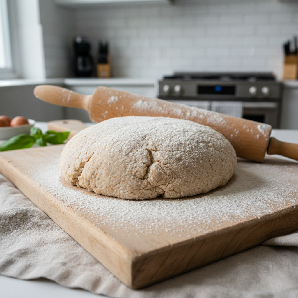 Pilno grūdo makaronų tešla ant medinio paviršiaus namų virtuvėje