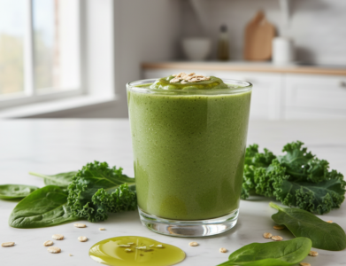 Žaliasis kokteilis su kanapių aliejumi ir avižomis stikliniuose puodeliuose