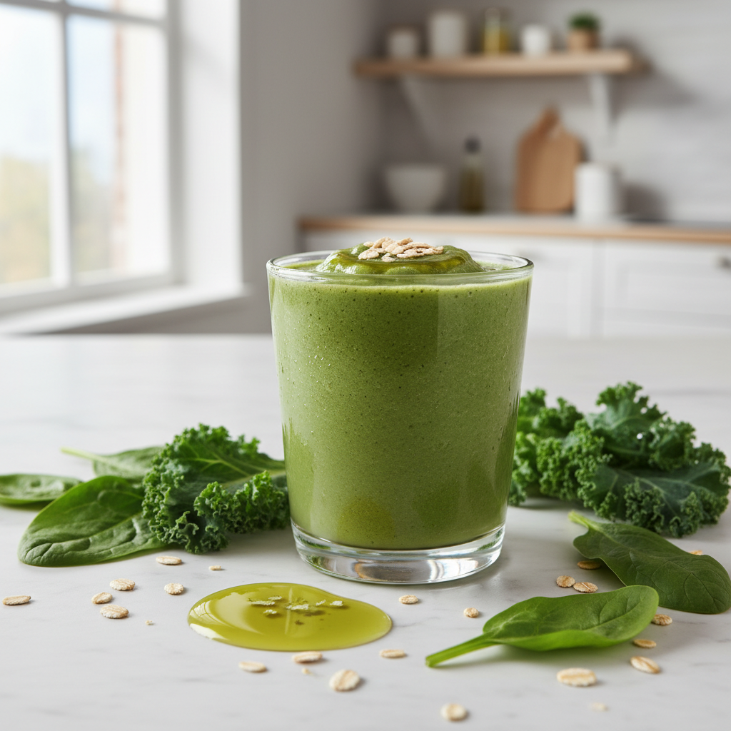 Žaliasis kokteilis su kanapių aliejumi ir avižomis stikliniuose puodeliuose