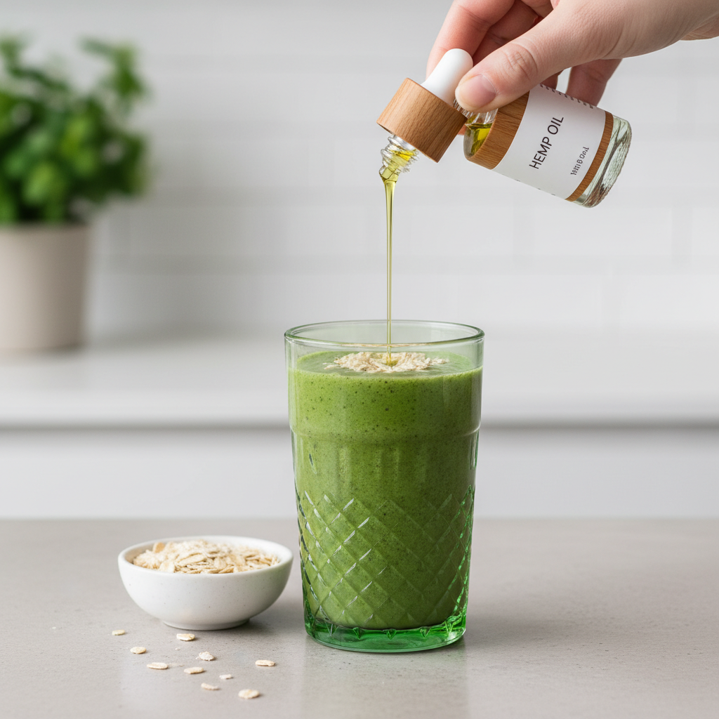 Kanapių aliejaus lašas krenta į žaliąjį kokteilį su avižomis