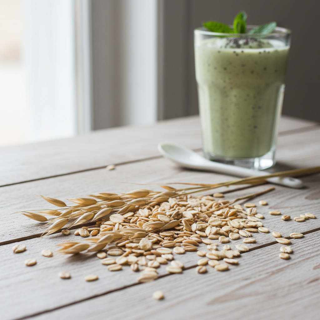 Švieži avižų grūdai ant medinio stalo su žaliuoju kokteiliu fone