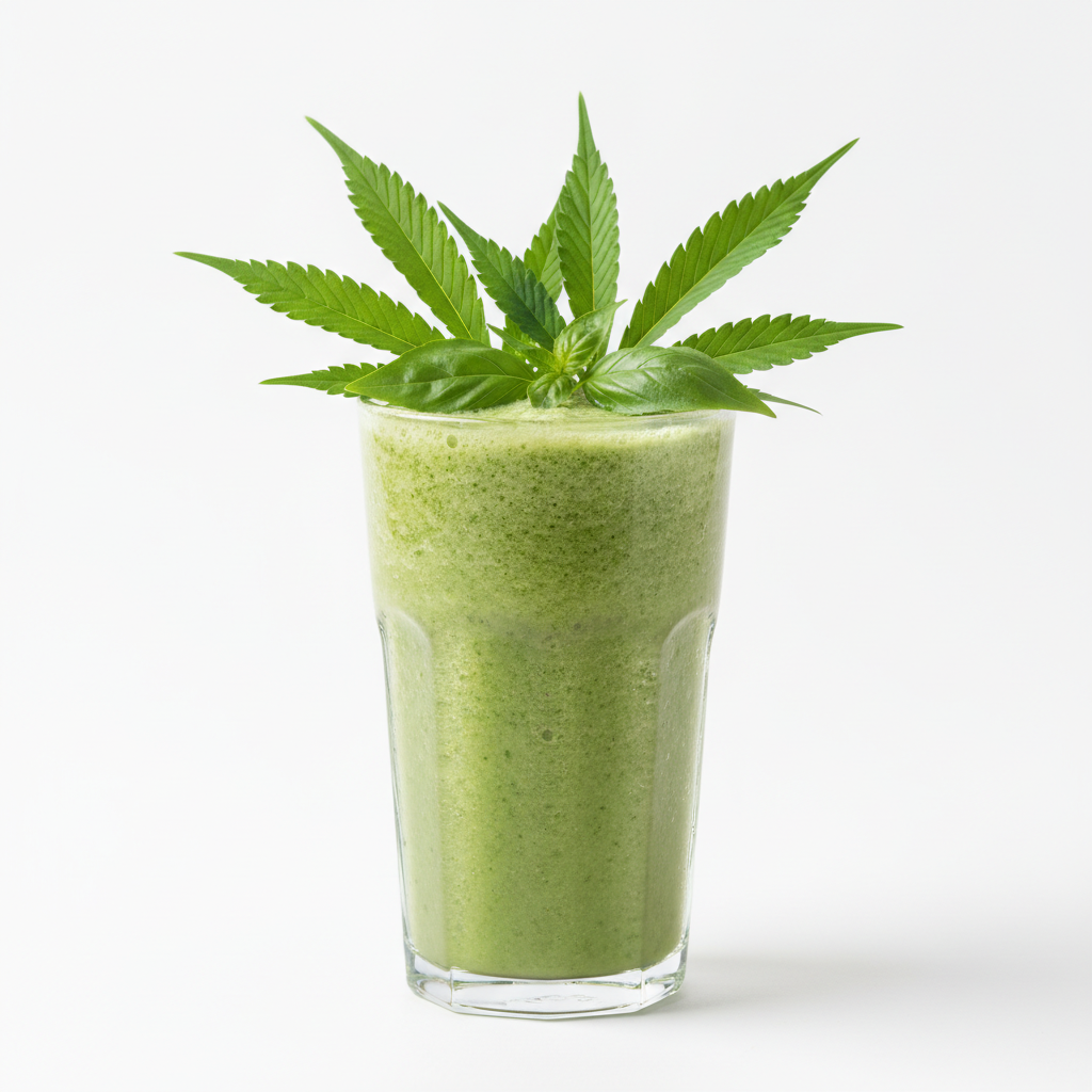 Šviežias žalias kokteilis su kanapių lapais ant balto fono