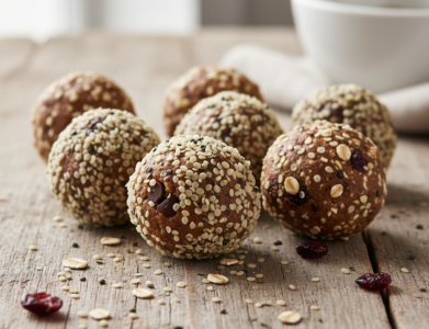 Energijos rutuliukai su avižomis ir kanapių sėklomis ant medinio stalo