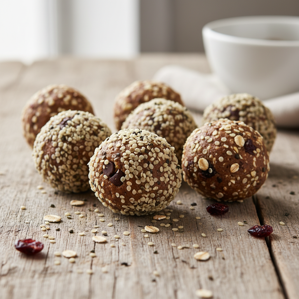 Energijos rutuliukai su avižomis ir kanapių sėklomis ant medinio stalo