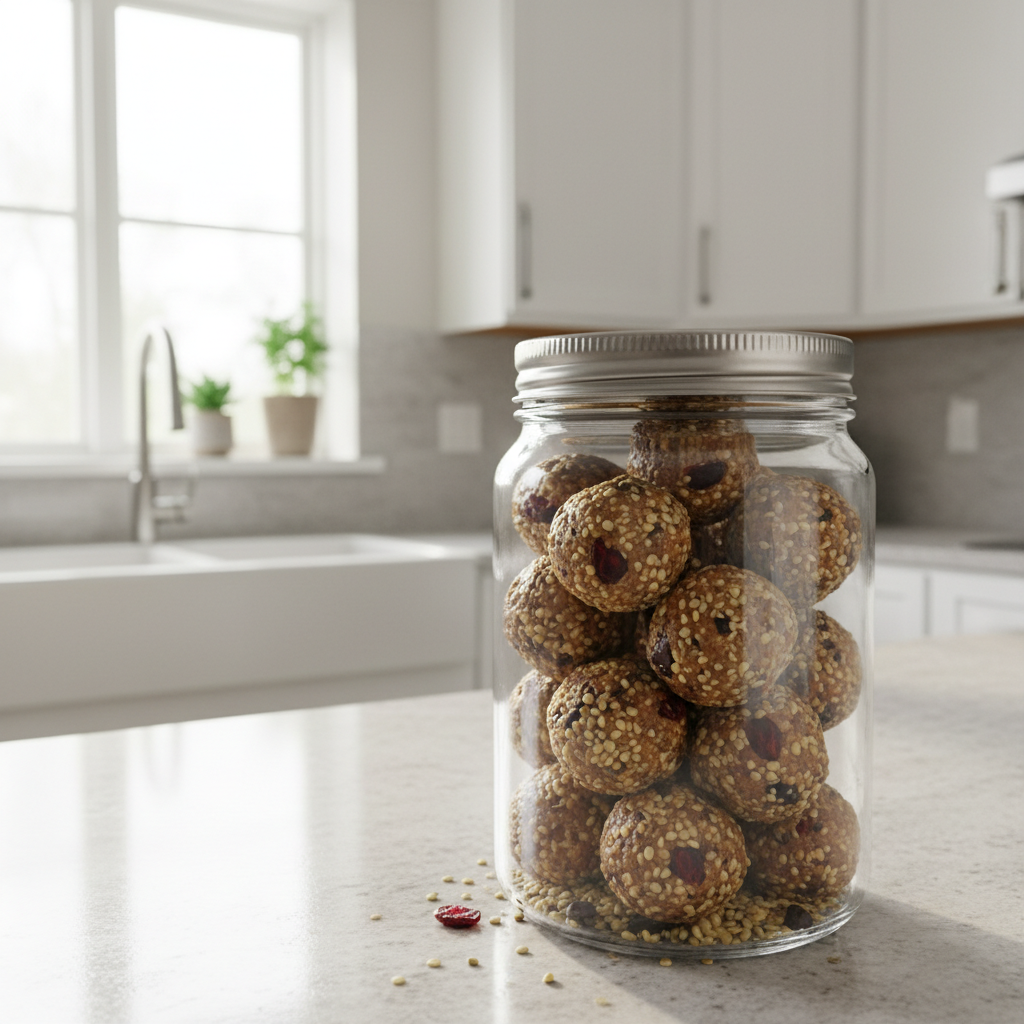 Energijos rutuliukai su avižomis ir kanapių sėklomis stiklainyje