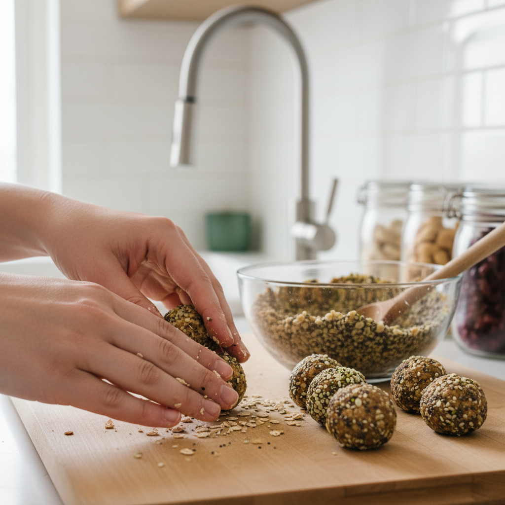 Energijos rutuliukų formavimo procesas su avižomis ir kanapių sėklomis