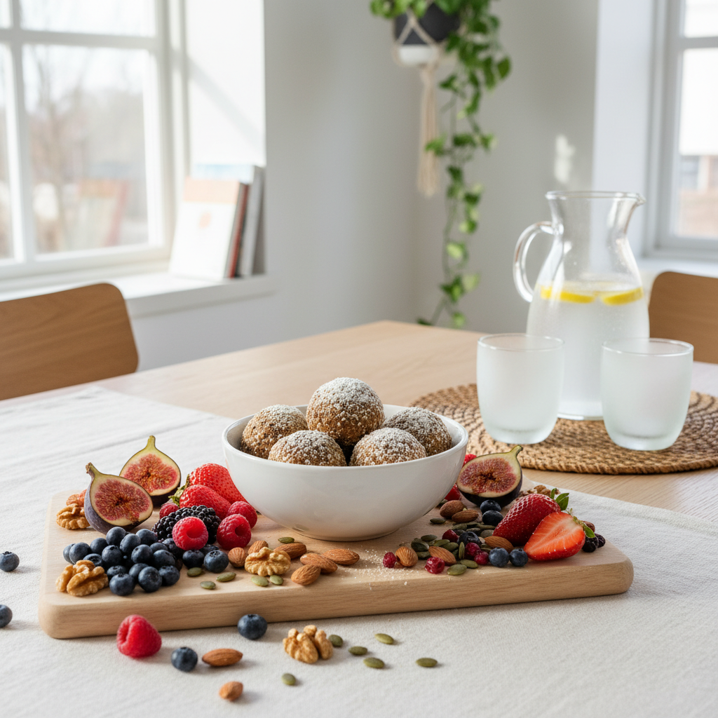 Sveiko pusryčių stalo su energijos rutuliukais nuotrauka