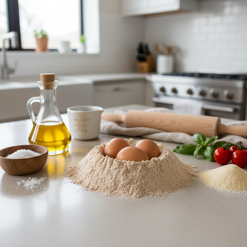 Pilno grūdo miltai, kiaušiniai ir natūralūs ingredientai makaronų tešlai