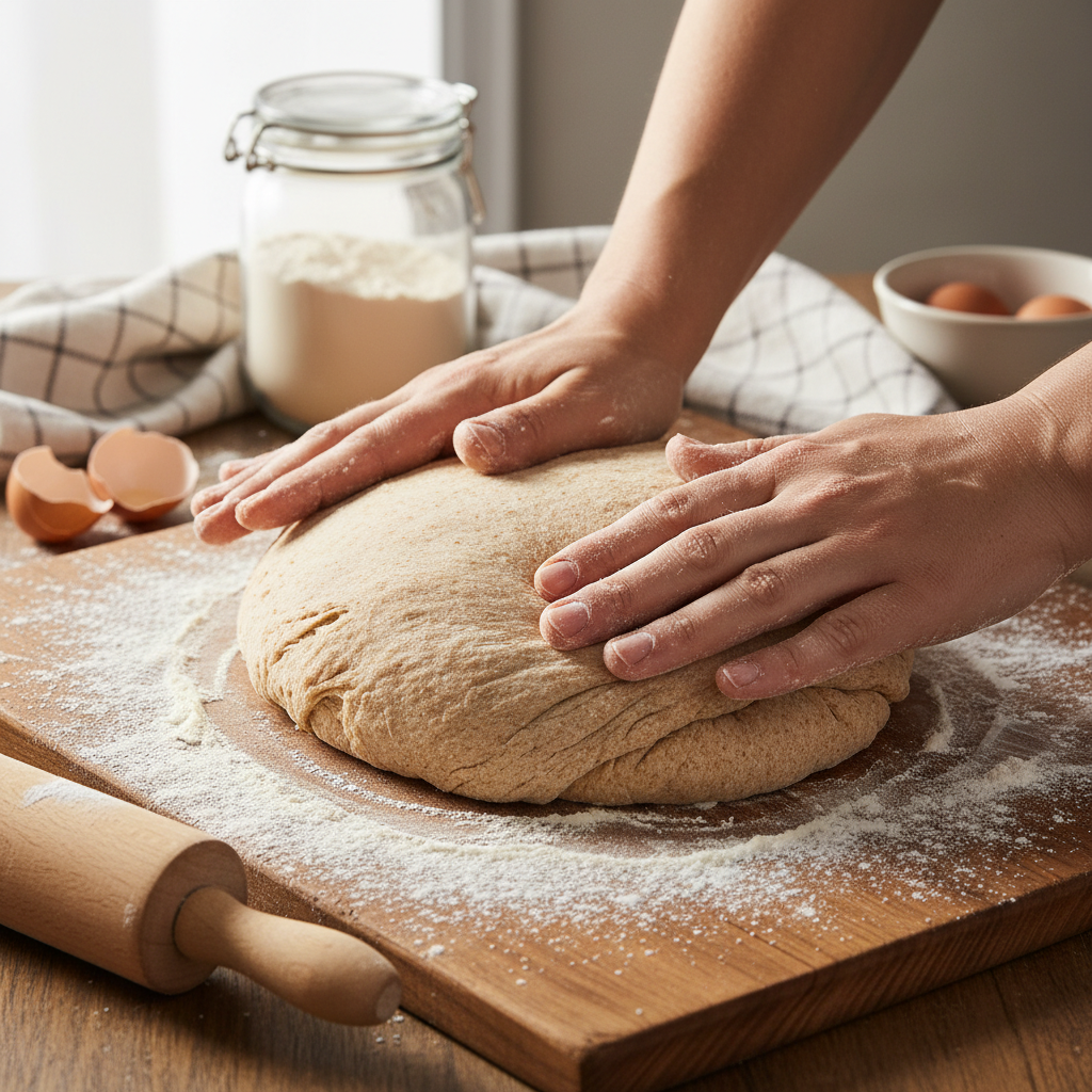 Rankos minko pilno grūdo makaronų tešlą ant medinio paviršiaus
