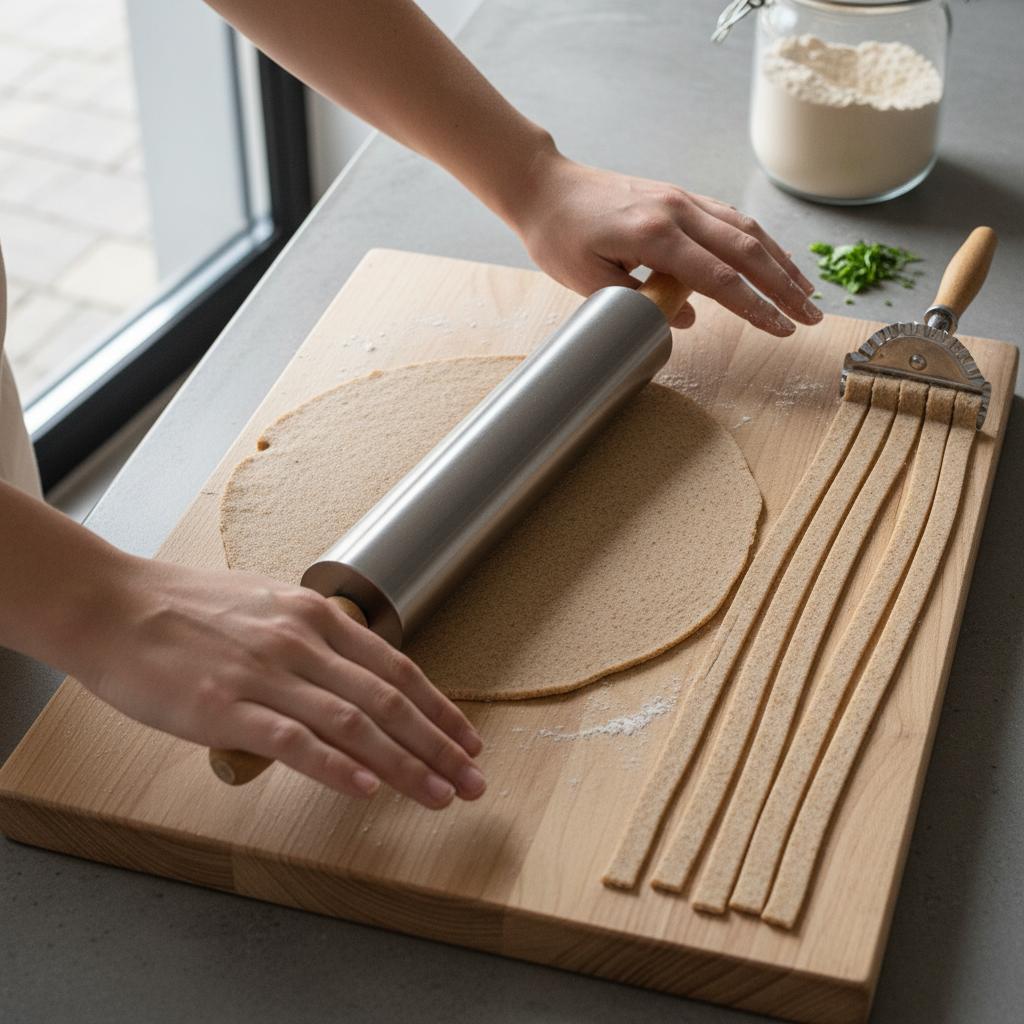 Makaronų tešlos kočiojimas ir pjaustymas pilno grūdo makaronams