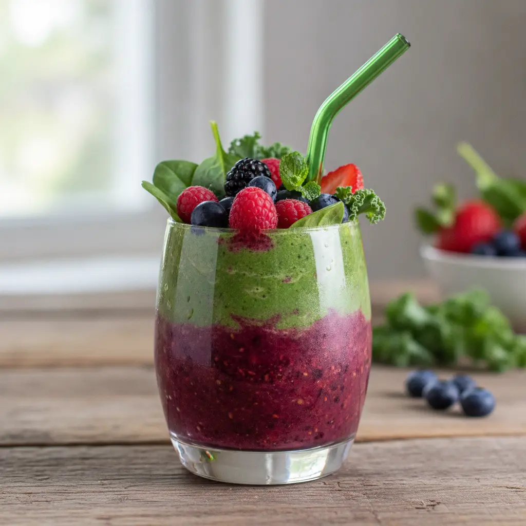 Ekologiški smoothie pusryčiai su šviežiomis uogomis