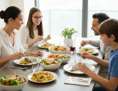 Sveika šeimos vakarienė su spalvingais ir šviežiais patiekalais